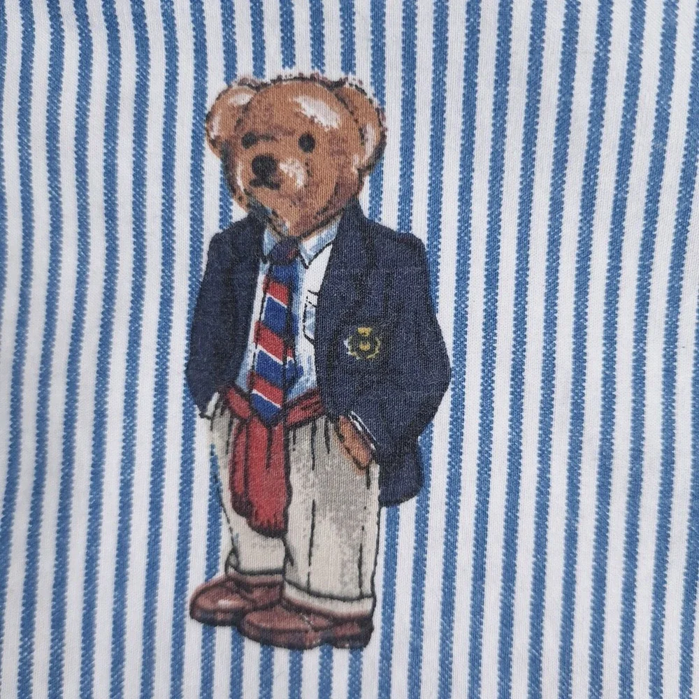 Ralph Lauren Polo Bear Pillowcase Flat Sheet 2 Piece Set Twin Blue Striped Rugby
